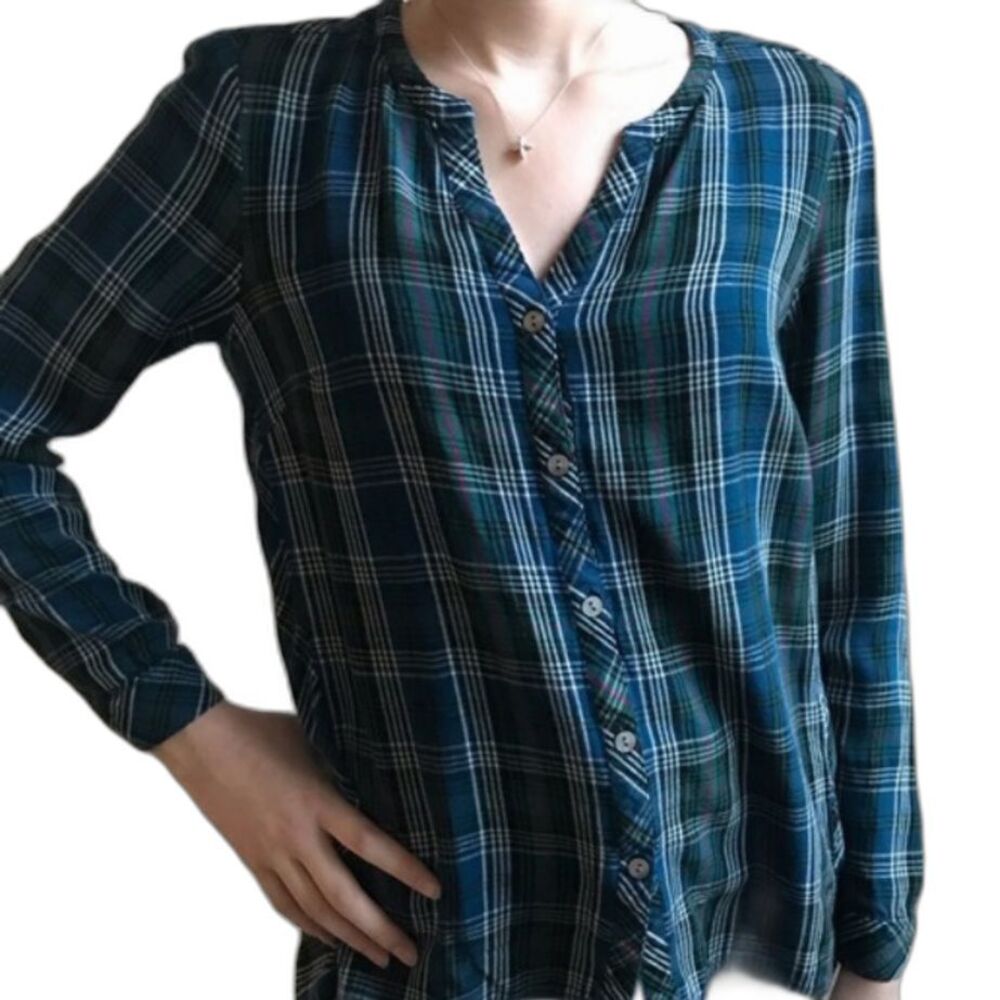J. Jill Women's Blue Green Pink Plaid Collarless V-Neck Rayon Button-Up Top Sz S